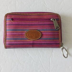 Fossil Striped Wallet Medium Sz Zip Around Pink Blue